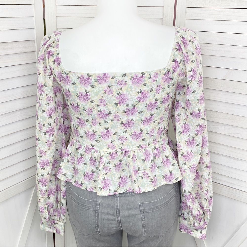 Bacio Floral Tie Front Puff Sleeve Crop Blouse White Purple Large - Picture 4 of 12
